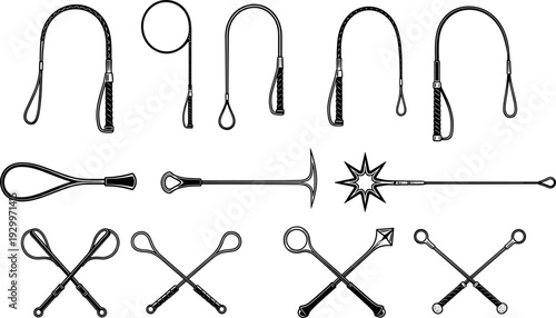 Leather whip and flogger vector set, black silhouette BDSM accessories collection for adult fantasy art, fetish design, roleplay illustration, gothic graphics