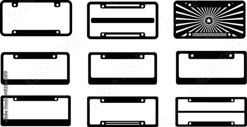 License plate frame collection vector illustration, blank vintage retro car auto plate templates, automotive border designs for customization branding mockups