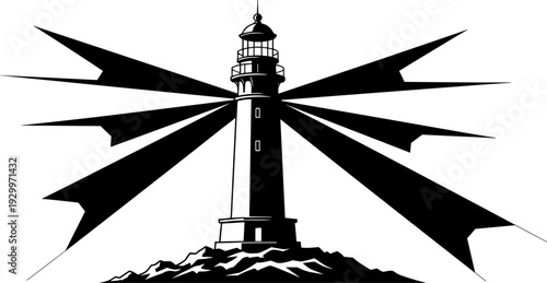 Lighthouse silhouette illustration, coastal navigation beacon vector artwork with light rays, black and white maritime symbol for nautical design, safety, ocean themes