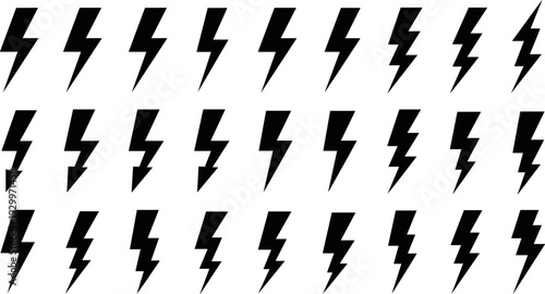Lightning bolt silhouette icon set, black electric thunder symbols collection, power energy warning graphics, minimalist flat vector illustration isolated on white background