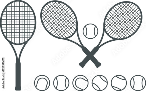 Linear vector set of tennis sport equipment featuring single and crossed racquets with balls, isolated icons for club competition logo and tournament design.