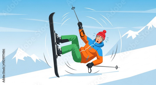 Skier in orange jacket and green pants falls on snowy mountain slope with ski poles and snow covered peaks in background