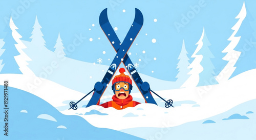 Cartoon skier buried in snow with crossed skis and poles in winter landscape