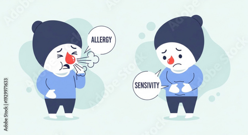 Cartoon characters illustrating allergy and sensitivity symptoms with red noses and blue attire
