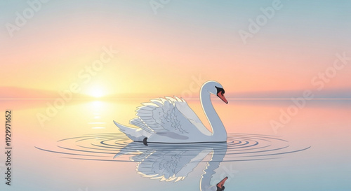 Serene white swan gliding on calm water with sunset reflection peaceful lake scene