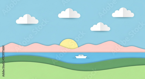 Minimalist cartoon landscape with boat on water sunny sky and fluffy clouds serene natural scenery