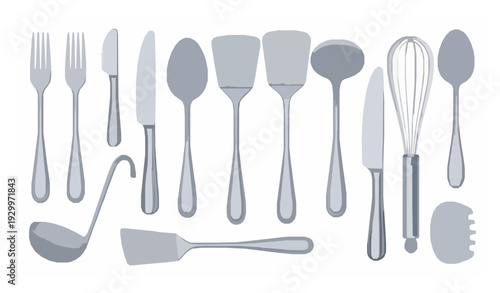 Decorative Silver Cutlery and Kitchen Tool Vector Collection