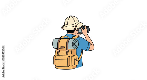 A traveler seen from the back wears a large backpack and pith hat while taking a photo with a handheld camera.