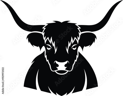 Highland cow head with majestic long horns and shaggy fur, front view minimalist black and white bull vector illustration for cattle ranching logos.