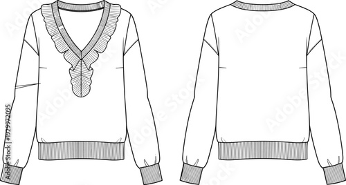 Women’s, ruffle, V-neck, sweater, fashion, flat, sketch, technical, drawing, apparel, design, illustration, knitwear, blouse, long-sleeve, garment, vector, template, front, back