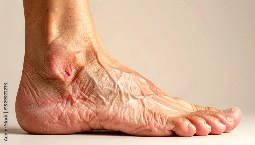 Fototapeta premium Detailed view of a human foot with visible veins and skin texture on a light background.