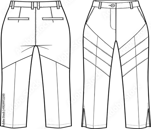 Women's Cropped Trousers Technical Fashion Flat Sketch, Unique Chevron Panels, Side Split Detail, Front and Back View CAD Template Vector Illustration.