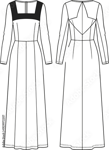 Women's Elegant Maxi Dress Fashion Flat Technical Drawing Template Vector Illustration, Apparel Design Mockup with Square Neckline, Long Sleeves, and Back Cutout Detail.