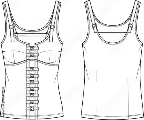Women's corset detail tank top fashion flat sketch template, technical drawing with multiple buckles, strap adjusters, contoured seams, and scoop neck, front and back view, vector.