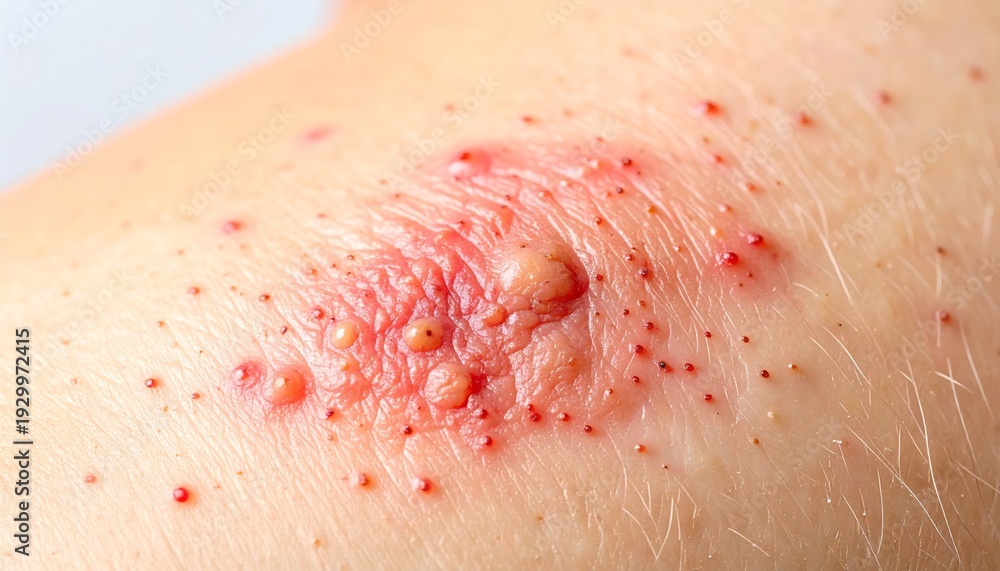 Fototapeta premium Close-up of a skin rash with blisters, indicating a possible allergic reaction or infection.