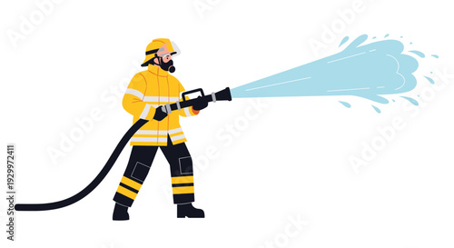 A firefighter wearing a yellow suit and a gas mask sprays a stream of water from a black hose against a plain white background.