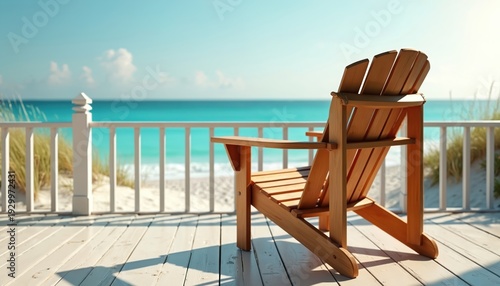 Wooden Adirondack chair sits on a deck facing the ocean. White railing separates the deck from sandy beach and blue sea. Sunny day, calm water, grassy dunes.