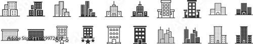 Building icon set in flat style. Town skyscraper apartment vector illustration on white isolated background. City tower business concept.