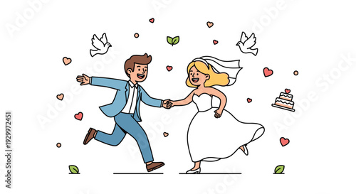 A cartoon bride and groom run together while holding hands surrounded by hearts doves and a wedding cake against a white background.