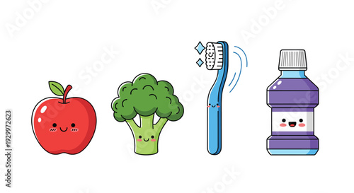 A smiling red apple green broccoli blue toothbrush and purple mouthwash bottle are arranged in a row on a white background.