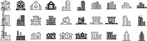 Diverse collection of 30 building icons featuring various architectural styles from residential houses to industrial factories and modern skyscrapers in both solid and outlined designs.