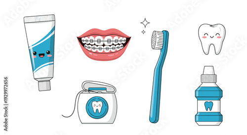 A collection of dental hygiene icons featuring a mouth with braces alongside a toothbrush toothpaste floss and mouthwash on white.