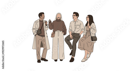 Four young adults wearing neutral-colored autumn fashion pose together with crossbody bags against a plain white horizontal background.