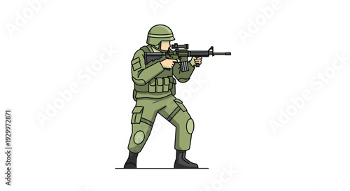 A soldier in full green military camouflage gear stands and aims an assault rifle with a scope against a solid white background in profile view.