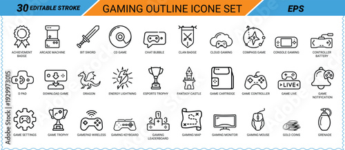 Gaming Outline Icon Set Editable Stroke Vector Icons achievement badge arcade machine