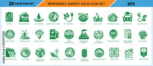 Renewable Energy Solid Icon Set EPS Keywords: renewable, energy, solid, icon, set, eps