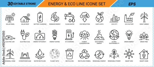 Energy and eco line icon set with 30 editable stroke icons Keywords: solar panel, solar roof