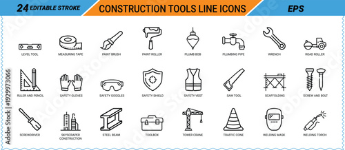 Construction Tools Line Icons With Editable Stroke And EPS Format Keywords: ICON SET