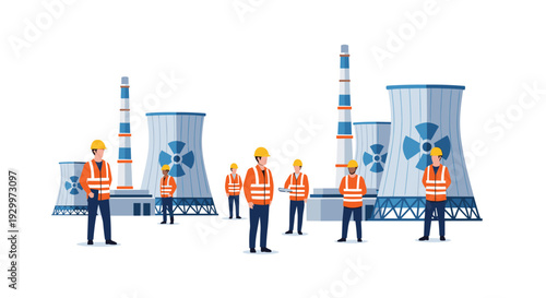 A group of eight industrial workers wearing orange safety vests and yellow hard hats stand before a nuclear power plant with cooling towers.