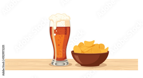 A tall glass of amber beer with white foam stands next to a brown bowl of ridged potato chips on a wooden table surface.