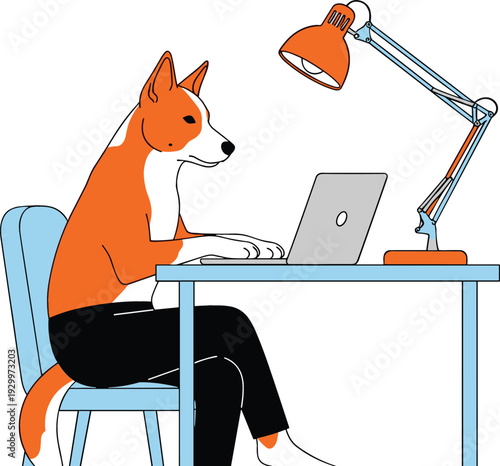Funny anthropomorphic dog character sitting at desk working on laptop computer under desk lamp in flat vector illustration