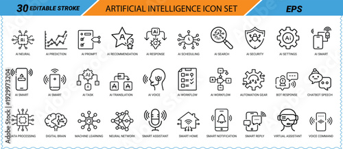 Artificial Intelligence Icon Set With Editable Stroke And EPS Format Keywords: AI, artificial