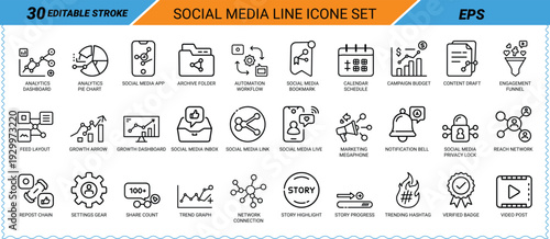 Social Media Line Icon Set Editable Stroke EPS icons outline