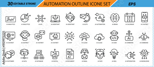 Automation Outline Icon Set With Editable Stroke And EPS Format Keywords: AI, artificial