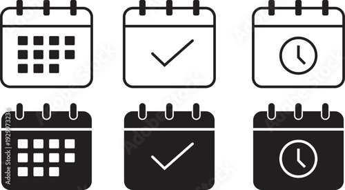 Set of six minimalist calendar icons in outlined and solid black styles, representing scheduling, task completion, and time management.