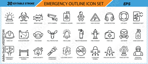 Emergency outline icon set with 30 editable stroke icons Keywords: alarm siren, biohazard, break
