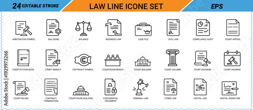 Law line icon set with legal and justice symbols arbitration bail