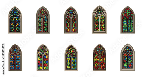 Ten arched stained glass windows with various colorful geometric patterns are displayed in two rows on a white background.