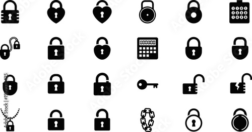 Lock and security icons silhouette vector set, padlock key password protection symbols collection, cybersecurity access control illustration isolated on white background