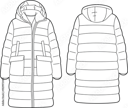 Long padded puffer coat technical flat sketch, warm winter hooded jacket design with front zipper and large pockets, fashion vector template