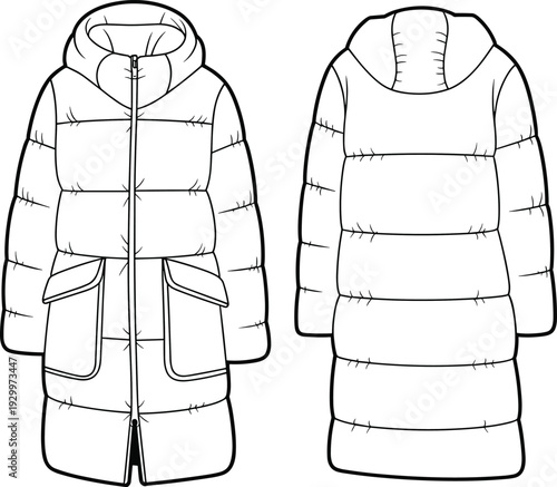 Long puffer coat technical fashion flat sketch, warm quilted winter jacket design with hood and pockets, detailed vector illustration template