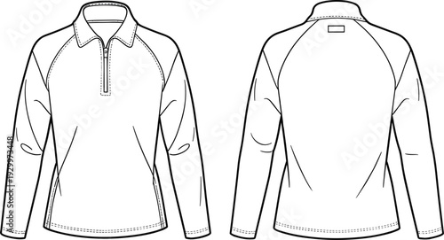 Long sleeve pullover shirt with half zipper and collar, front and back technical fashion flat sketch, activewear clothing design illustration template