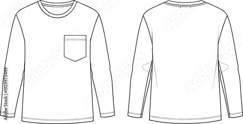 Long sleeve t-shirt flat fashion sketch front and back view with chest pocket, vector illustration, apparel design technical drawing