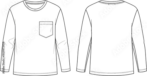 Long sleeve t-shirt front and back view technical flat sketch with pocket, vector fashion illustration, apparel design outline template