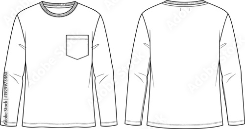 Long sleeve t-shirt front and back view technical fashion flat sketch, vector illustration design with pocket, apparel template drawing