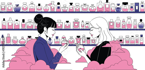 Two young women shopping for fragrance and testing perfume bottles in a beauty boutique shop flat vector illustration